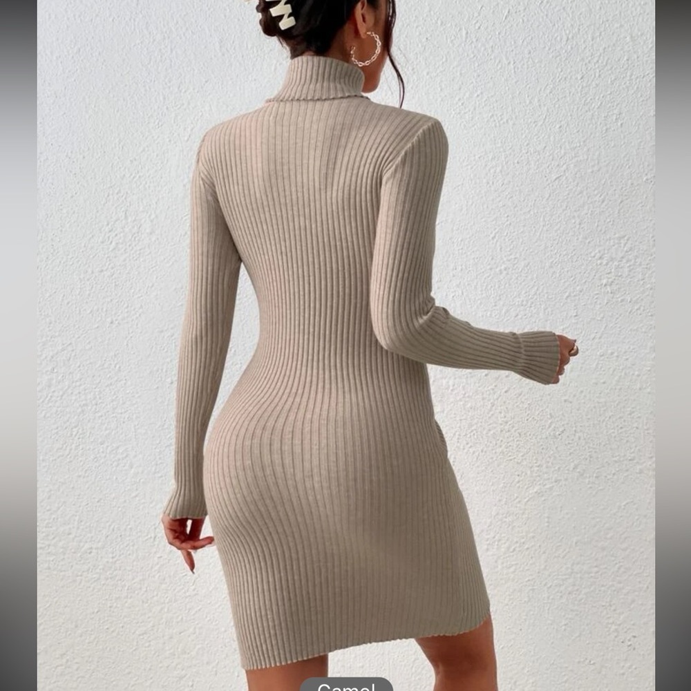 Tan ribbed knit long sleeve turtleneck sweater dress - Picture 2 of 4